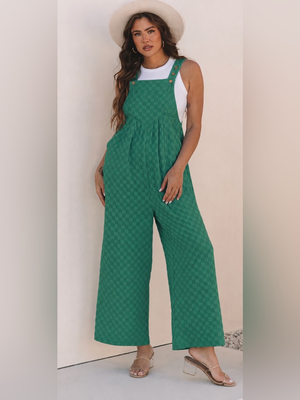 BiBi Emerald Green Checkered Wide-Leg Jumpsuit